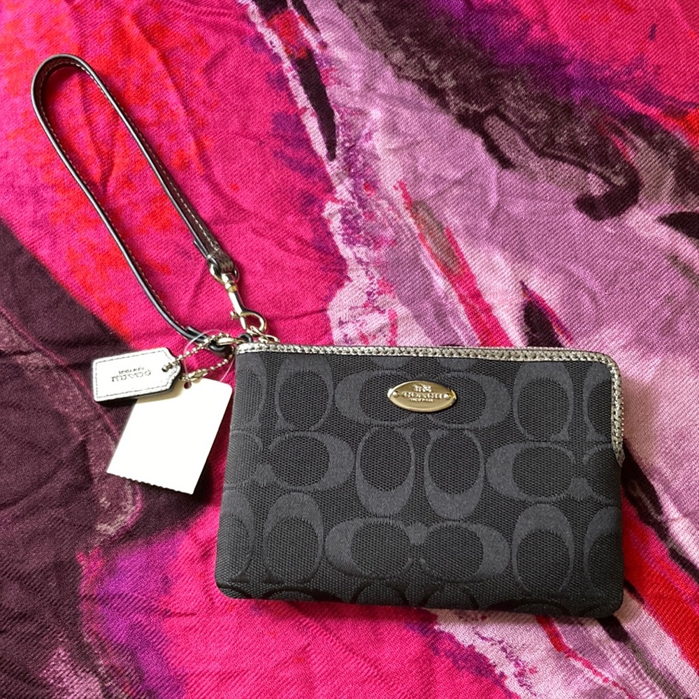 NWT Black and silver Coach wristlet